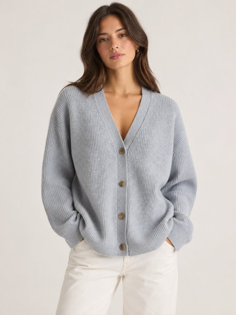 Quince 100% Mongolian Cashmere Ribbed V-Neck Cardigan Sweater Blue Gray M